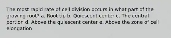 The most rapid rate of cell division occurs in what part of the growing root? a. Root tip b. Quiescent center c. The central portion d. Above the quiescent center e. Above the zone of cell elongation