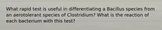 What rapid test is useful in differentiating a Bacillus species from an aerotolerant species of Clostridium? What is the reaction of each bacterium with this test?