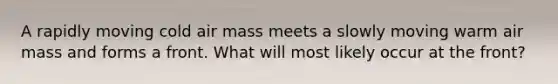 A rapidly moving cold air mass meets a slowly moving warm air mass and forms a front. What will most likely occur at the front?