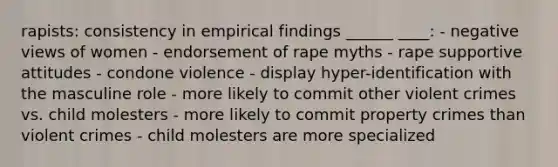 rapists: consistency in empirical findings ______ ____: - negative views of women - endorsement of rape myths - rape supportive attitudes - condone violence - display hyper-identification with the masculine role - more likely to commit other violent crimes vs. child molesters - more likely to commit property crimes than violent crimes - child molesters are more specialized