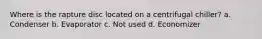 Where is the rapture disc located on a centrifugal chiller? a. Condenser b. Evaporator c. Not used d. Economizer