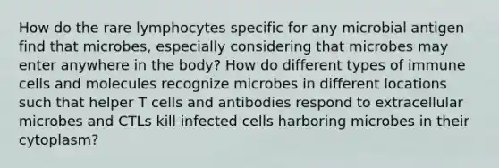 How do the rare lymphocytes specific for any microbial antigen find that microbes, especially considering that microbes may enter anywhere in the body? How do different types of immune cells and molecules recognize microbes in different locations such that helper T cells and antibodies respond to extracellular microbes and CTLs kill infected cells harboring microbes in their cytoplasm?