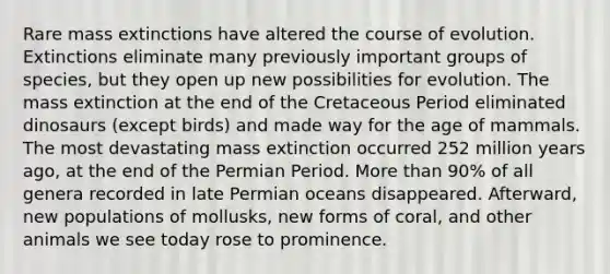 Rare mass extinctions have altered the course of evolution. Extinctions eliminate many previously important groups of species, but they open up new possibilities for evolution. The mass extinction at the end of the Cretaceous Period eliminated dinosaurs (except birds) and made way for the age of mammals. The most devastating mass extinction occurred 252 million years ago, at the end of the Permian Period. More than 90% of all genera recorded in late Permian oceans disappeared. Afterward, new populations of mollusks, new forms of coral, and other animals we see today rose to prominence.
