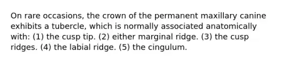 On rare occasions, the crown of the permanent maxillary canine exhibits a tubercle, which is normally associated anatomically with: (1) the cusp tip. (2) either marginal ridge. (3) the cusp ridges. (4) the labial ridge. (5) the cingulum.