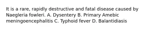 It is a rare, rapidly destructive and fatal disease caused by Naegleria fowleri. A. Dysentery B. Primary Amebic meningoencephalitis C. Typhoid fever D. Balantidiasis