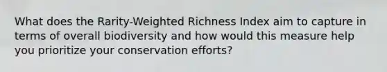 What does the Rarity-Weighted Richness Index aim to capture in terms of overall biodiversity and how would this measure help you prioritize your conservation efforts?