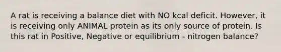 A rat is receiving a balance diet with NO kcal deficit. However, it is receiving only ANIMAL protein as its only source of protein. Is this rat in Positive, Negative or equilibrium - nitrogen balance?