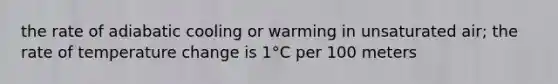 the rate of adiabatic cooling or warming in unsaturated air; the rate of temperature change is 1°C per 100 meters