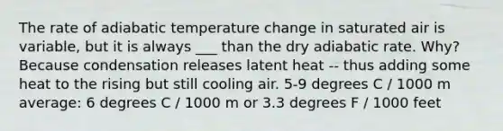 The rate of adiabatic temperature change in saturated air is variable, but it is always ___ than the dry adiabatic rate. Why? Because condensation releases latent heat -- thus adding some heat to the rising but still cooling air. 5-9 degrees C / 1000 m average: 6 degrees C / 1000 m or 3.3 degrees F / 1000 feet