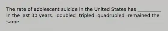 The rate of adolescent suicide in the United States has __________ in the last 30 years. -doubled -tripled -quadrupled -remained the same