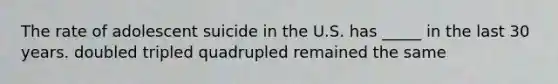 The rate of adolescent suicide in the U.S. has _____ in the last 30 years. doubled tripled quadrupled remained the same