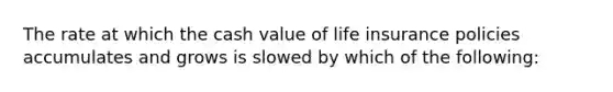 The rate at which the cash value of life insurance policies accumulates and grows is slowed by which of the following: