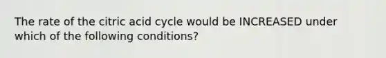 The rate of the citric acid cycle would be INCREASED under which of the following conditions?