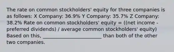 The rate on common stockholders' equity for three companies is as follows: X Company: 36.9% Y Company: 35.7% Z Company: 38.2% Rate on common stockholders' equity = ((net income - preferred dividends) / average common stockholders' equity) Based on this, ________________________ than both of the other two companies.