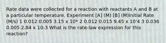 Rate data were collected for a reaction with reactants A and B at a particular temperature. Experiment [A] (M) [B] (M)Initial Rate (M/s) 1 0.012 0.005 3.15 x 10* 2 0.012 0.015 9.45 x 10'4 3 0.036 0.005 2.84 x 10-3 What is the rate-law expression for this reaction?