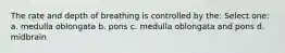 The rate and depth of breathing is controlled by the: Select one: a. medulla oblongata b. pons c. medulla oblongata and pons d. midbrain