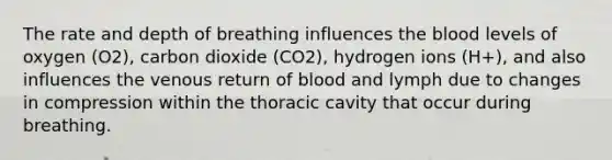 The rate and depth of breathing influences the blood levels of oxygen (O2), carbon dioxide (CO2), hydrogen ions (H+), and also influences the venous return of blood and lymph due to changes in compression within the thoracic cavity that occur during breathing.