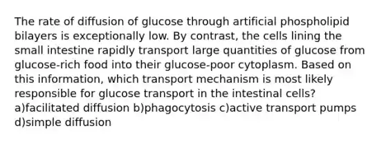 The rate of diffusion of glucose through artificial phospholipid bilayers is exceptionally low. By contrast, the cells lining the small intestine rapidly transport large quantities of glucose from glucose-rich food into their glucose-poor cytoplasm. Based on this information, which transport mechanism is most likely responsible for glucose transport in the intestinal cells? a)facilitated diffusion b)phagocytosis c)active transport pumps d)simple diffusion