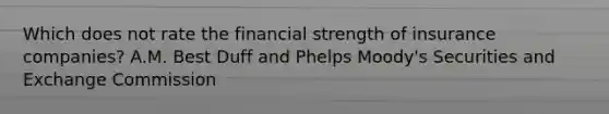 Which does not rate the financial strength of insurance companies? A.M. Best Duff and Phelps Moody's Securities and Exchange Commission