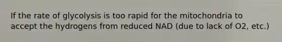 If the rate of glycolysis is too rapid for the mitochondria to accept the hydrogens from reduced NAD (due to lack of O2, etc.)