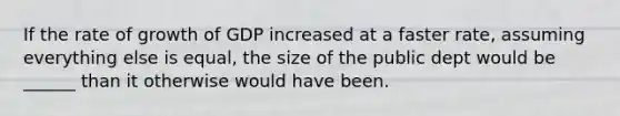 If the rate of growth of GDP increased at a faster rate, assuming everything else is equal, the size of the public dept would be ______ than it otherwise would have been.