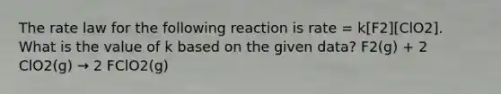 The rate law for the following reaction is rate = k[F2][ClO2]. What is the value of k based on the given data? F2(g) + 2 ClO2(g) → 2 FClO2(g)