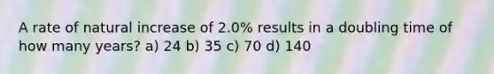 A rate of natural increase of 2.0% results in a doubling time of how many years? a) 24 b) 35 c) 70 d) 140