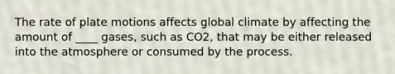 The rate of plate motions affects global climate by affecting the amount of ____ gases, such as CO2, that may be either released into the atmosphere or consumed by the process.