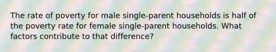 The rate of poverty for male single-parent households is half of the poverty rate for female single-parent households. What factors contribute to that difference?