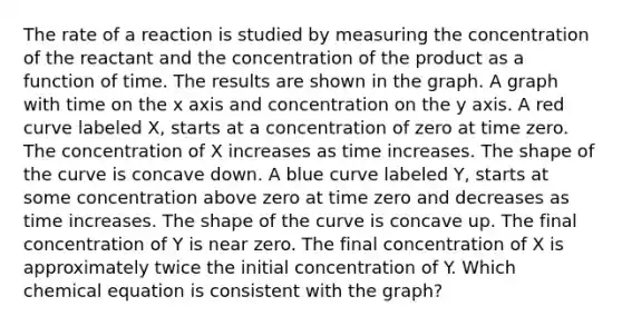 The rate of a reaction is studied by measuring the concentration of the reactant and the concentration of the product as a function of time. The results are shown in the graph. A graph with time on the x axis and concentration on the y axis. A red curve labeled X, starts at a concentration of zero at time zero. The concentration of X increases as time increases. The shape of the curve is concave down. A blue curve labeled Y, starts at some concentration above zero at time zero and decreases as time increases. The shape of the curve is concave up. The final concentration of Y is near zero. The final concentration of X is approximately twice the initial concentration of Y. Which chemical equation is consistent with the graph?