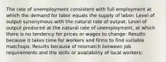 The rate of unemployment consistent with full employment at which the demand for labor equals the supply of​ labor: Level of output synonymous with the natural rate of​ output: Level of output produced at the natural rate of​ unemployment, at which there is no tendency for prices or wages to​ change: Results because it takes time for workers and firms to find suitable matchups​: Results because of mismatch between job requirements and the skills or availability of local​ workers: