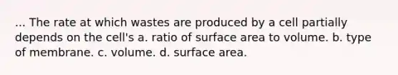 ... The rate at which wastes are produced by a cell partially depends on the cell's a. ratio of surface area to volume. b. type of membrane. c. volume. d. surface area.