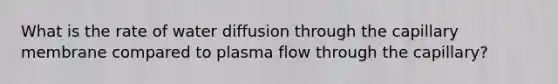 What is the rate of water diffusion through the capillary membrane compared to plasma flow through the capillary?