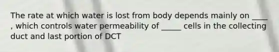 The rate at which water is lost from body depends mainly on ____ , which controls water permeability of _____ cells in the collecting duct and last portion of DCT