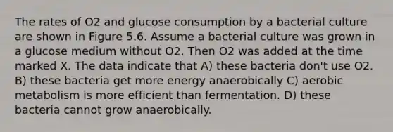 The rates of O2 and glucose consumption by a bacterial culture are shown in Figure 5.6. Assume a bacterial culture was grown in a glucose medium without O2. Then O2 was added at the time marked X. The data indicate that A) these bacteria don't use O2. B) these bacteria get more energy anaerobically C) aerobic metabolism is more efficient than fermentation. D) these bacteria cannot grow anaerobically.