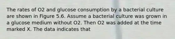 The rates of O2 and glucose consumption by a bacterial culture are shown in Figure 5.6. Assume a bacterial culture was grown in a glucose medium without O2. Then O2 was added at the time marked X. The data indicates that