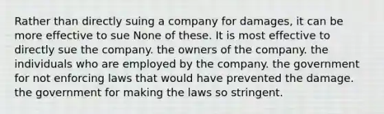 Rather than directly suing a company for damages, it can be more effective to sue None of these. It is most effective to directly sue the company. the owners of the company. the individuals who are employed by the company. the government for not enforcing laws that would have prevented the damage. the government for making the laws so stringent.