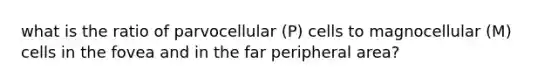 what is the ratio of parvocellular (P) cells to magnocellular (M) cells in the fovea and in the far peripheral area?