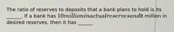 The ratio of reserves to deposits that a bank plans to hold is its​ ______. If a bank has​ 10 million in actual reserves and​8 million in desired​ reserves, then it has​ ______