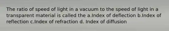 The ratio of speed of light in a vacuum to the speed of light in a transparent material is called the a.Index of deflection b.Index of reflection c.Index of refraction d. Index of diffusion