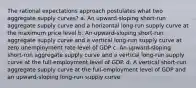 The rational expectations approach postulates what two aggregate supply curves? a. An upward-sloping short-run aggregate supply curve and a horizontal long-run supply curve at the maximum price level b. An upward-sloping short-run aggregate supply curve and a vertical long-run supply curve at zero unemployment rate level of GDP c. An upward-sloping short-run aggregate supply curve and a vertical long-run supply curve at the full-employment level of GDP. d. A vertical short-run aggregate supply curve at the full-employment level of GDP and an upward-sloping long-run supply curve