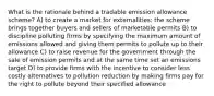 What is the rationale behind a tradable emission allowance scheme? A) to create a market for externalities: the scheme brings together buyers and sellers of marketable permits B) to discipline polluting firms by specifying the maximum amount of emissions allowed and giving them permits to pollute up to their allowance C) to raise revenue for the government through the sale of emission permits and at the same time set an emissions target D) to provide firms with the incentive to consider less costly alternatives to pollution reduction by making firms pay for the right to pollute beyond their specified allowance