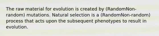 The raw material for evolution is created by (RandomNon-random) mutations. Natural selection is a (RandomNon-random) process that acts upon the subsequent phenotypes to result in evolution.