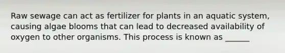 Raw sewage can act as fertilizer for plants in an aquatic system, causing algae blooms that can lead to decreased availability of oxygen to other organisms. This process is known as ______