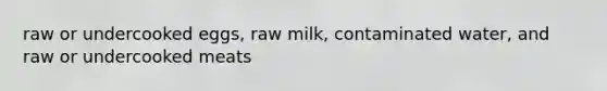 raw or undercooked eggs, raw milk, contaminated water, and raw or undercooked meats