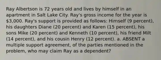 Ray Albertson is 72 years old and lives by himself in an apartment in Salt Lake City. Ray's gross income for the year is 3,000. Ray's support is provided as follows: Himself (9 percent), his daughters Diane (20 percent) and Karen (15 percent), his sons Mike (20 percent) and Kenneth (10 percent), his friend Milt (14 percent), and his cousin Henry (12 percent). a. ABSENT a multiple support agreement, of the parties mentioned in the problem, who may claim Ray as a dependent?