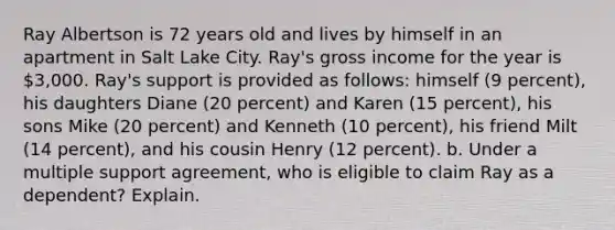 Ray Albertson is 72 years old and lives by himself in an apartment in Salt Lake City. Ray's gross income for the year is 3,000. Ray's support is provided as follows: himself (9 percent), his daughters Diane (20 percent) and Karen (15 percent), his sons Mike (20 percent) and Kenneth (10 percent), his friend Milt (14 percent), and his cousin Henry (12 percent). b. Under a multiple support agreement, who is eligible to claim Ray as a dependent? Explain.