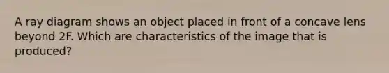 A ray diagram shows an object placed in front of a concave lens beyond 2F. Which are characteristics of the image that is produced?