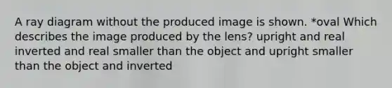 A ray diagram without the produced image is shown. *oval Which describes the image produced by the lens? upright and real inverted and real smaller than the object and upright smaller than the object and inverted