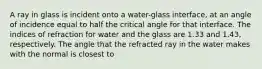 A ray in glass is incident onto a water-glass interface, at an angle of incidence equal to half the critical angle for that interface. The indices of refraction for water and the glass are 1.33 and 1.43, respectively. The angle that the refracted ray in the water makes with the normal is closest to